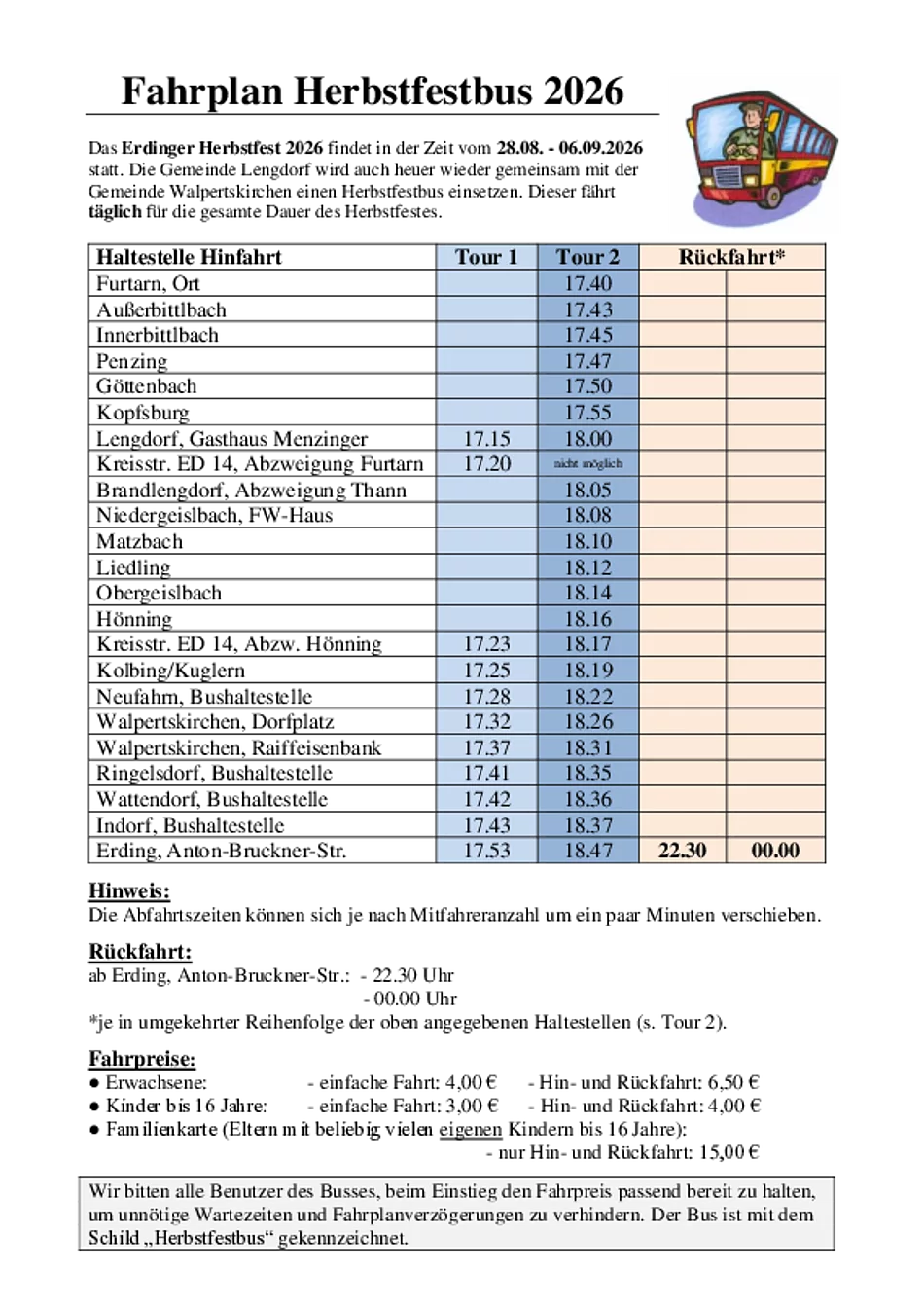 Fahrplan Herbstfestbus 2026 Gemeinde Walpertskirchen